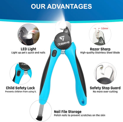 iToleeve LED Dog Nail Clipper with Light, Illuminates Nails or Bloodline for Safe and Easy Trimmers, Extra Sharp for Thick Nails, Quick Sensor, Avoid Over Cutting Toenail, for Cats & Dogs