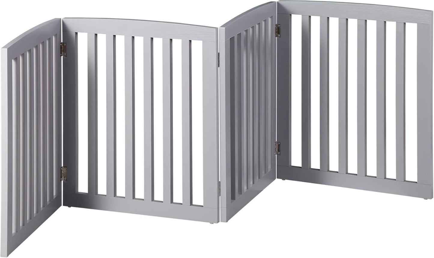 Freestanding Dog Door Indoor Folding Puppy Gate for Doorways Stairs 4-Panel Wood Pet Safe Barrier Fence for Hallways, Gray