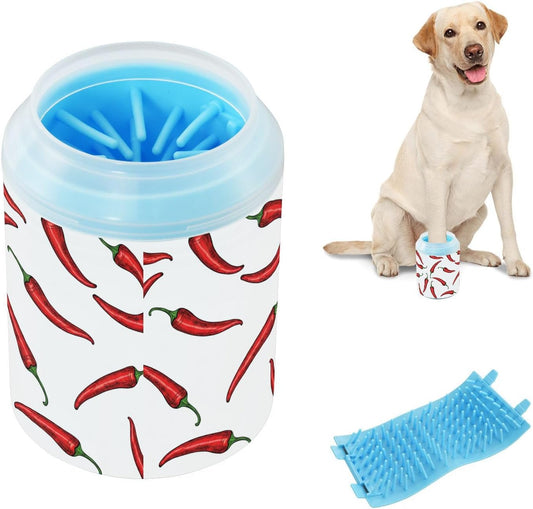 Peppers White Pattern Dog Paw Cleaner Cup with Soft Silicone Brush, Portable Small Lightweight Muddy Paw Washer for Dogs, Easy to Use Pet Foot Cleaner