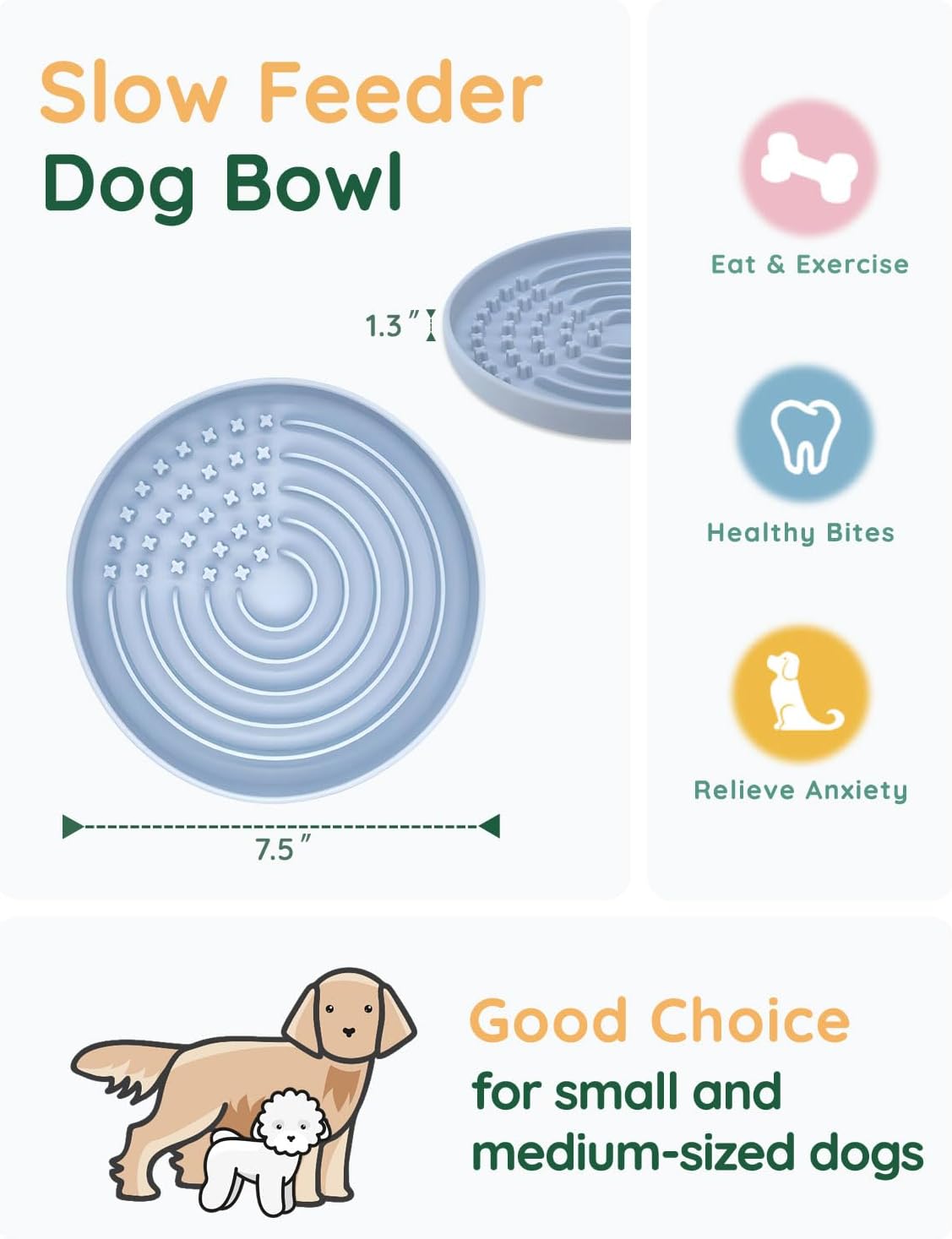 Lick Mat for Dogs, Silicone Slow Feeder Licking Mat with Non-Slip Suction Cups, Freeze-Friendly Lick Bowl for Enrichment Play, Anxiety Relief & Keeps Busy (8.0" x 1.4" Light Blue)