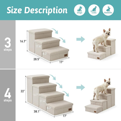 Dog Stairs with Storage, 4-Step Wider Sturdy Dog Steps for Small/Medium/Large Dogs and Older Cats, Folding Doggie Ramp for Bed/Couch/Car Hold Up to 180 lbs (22" H, Brown)