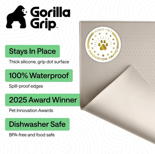 GORILLA GRIP 100% Waterproof Raised Edge BPA Free Silicone Pet Feeding Mat, Dog Cat Food Mats Contain Spills Protects Floors, Placemats for Cats and Dogs Water Bowl, 18.5x11.5, Gray