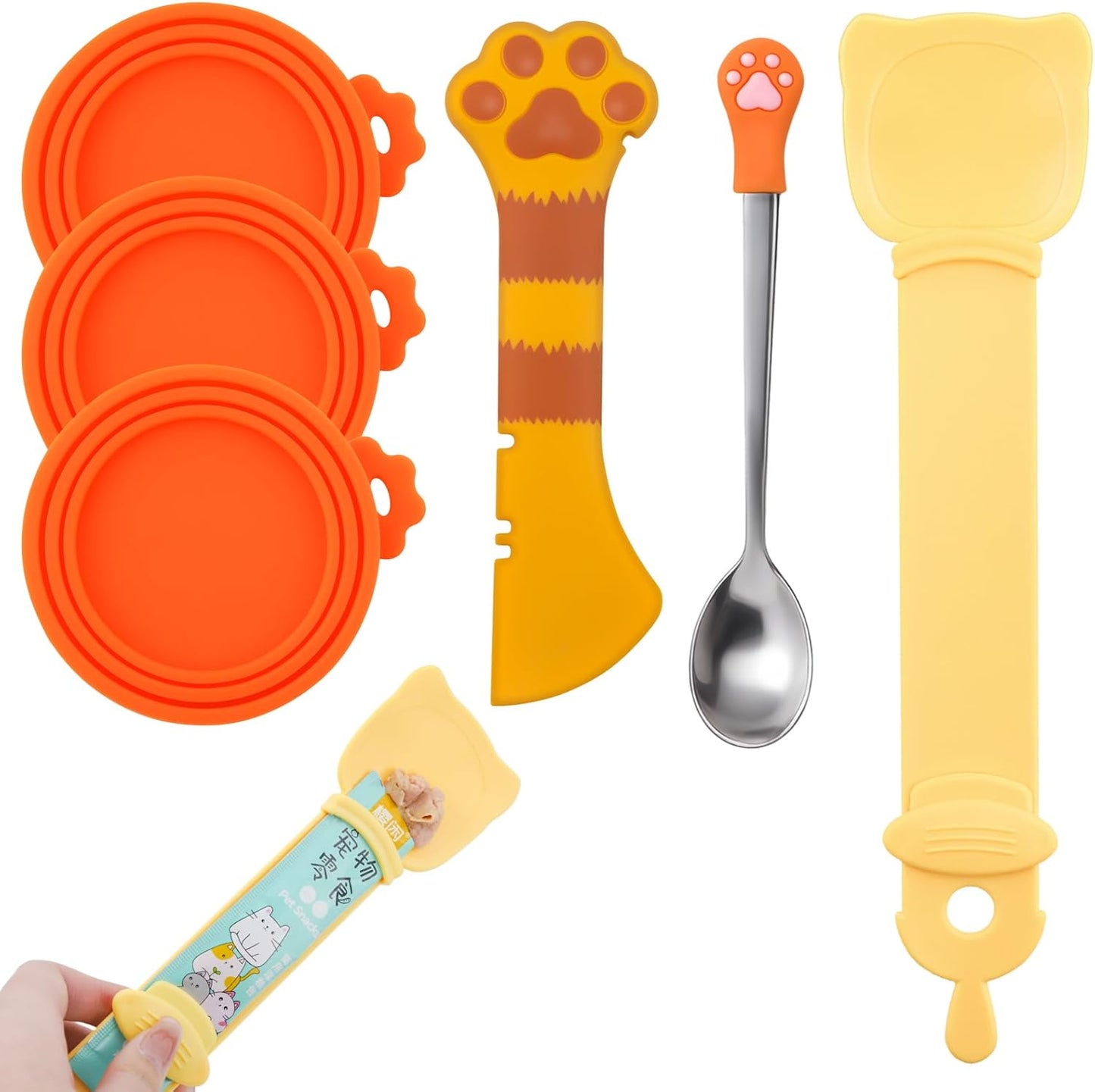 6 PCS Cat Food Can Covers Set, Reusable Silicone Can Lids with Opener, Stainless Steel Wet Food Spoon & Cat Treat Squeezer for Pet Feeding and Storage, Fits Cats & Dogs