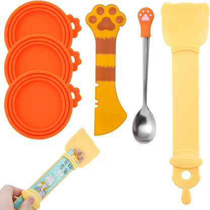 6 PCS Cat Food Can Covers Set, Reusable Silicone Can Lids with Opener, Stainless Steel Wet Food Spoon & Cat Treat Squeezer for Pet Feeding and Storage, Fits Cats & Dogs