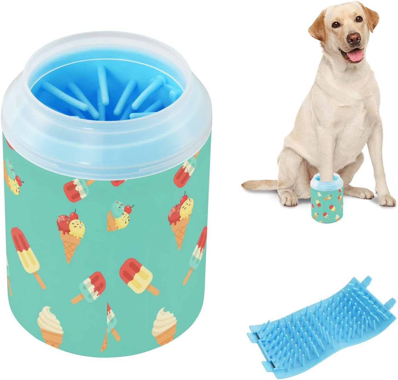 Ice Cream Teal Pattern Dog Paw Cleaner Cup with Soft Silicone Brush, Small Lightweight Portable Muddy Paw Washer for Dogs, Easy to Use Pet Foot Cleaner