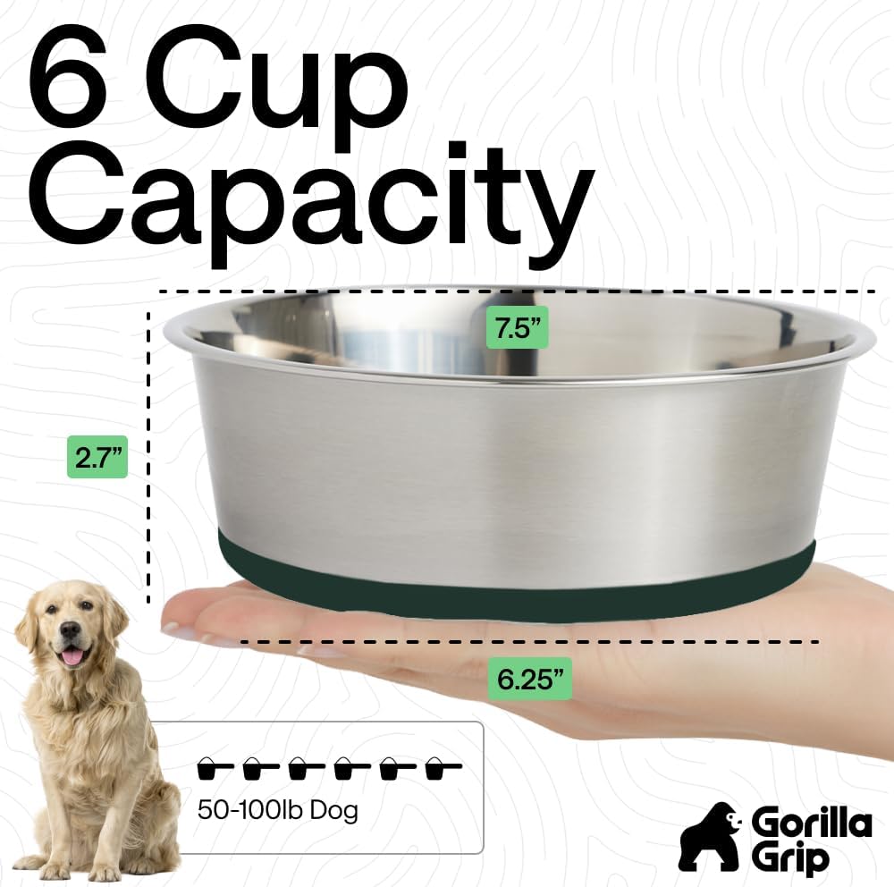 GORILLA GRIP Dog Bowls, Food Grade 304 Stainless Steel, Holds 2 Cups Each (16 fl oz) Food and Water Bowl for Feeding Dogs and Cats, Dishwasher Safe, Rust Resistant, BPA Free Rubber Base Set of 2 Black