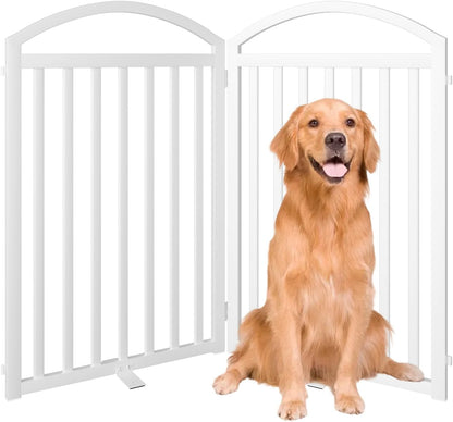 SNUOWU 4 Panels Full Matel Freestanding Dog Gates with Door, 96"Extra Wide 32"Tall Free Standing Dog Pet Gate for Indoor & Outdoor. Foldable Pet Fences for Doorways, House, Stairs, Porch, Deck, Yard