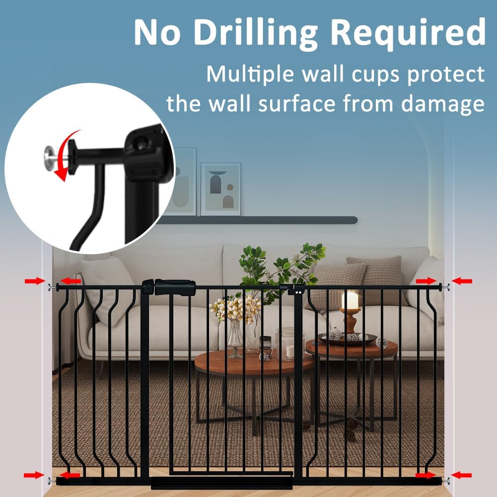 Extra Wide Baby Gate 57.5-62 Inch Black Walk THR Dog Gates Doorways House No Drill Pressure Mounted Auto Close Long Child Safety Gate for Kids and Pet