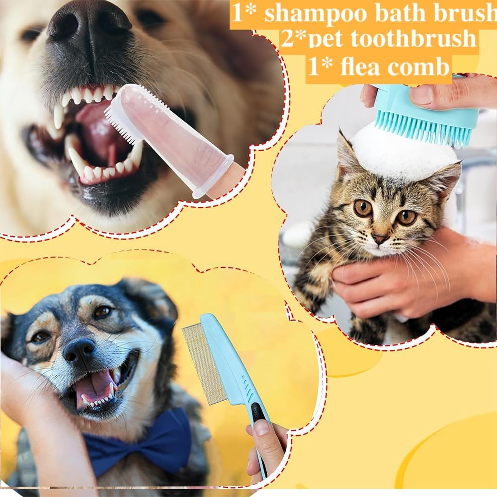 7 Pcs Cat Dog Brush Grooming Kits, Self-Cleaning Slicker Brush, Pet Nail Clipper and File, Flea Comb, Pet Shampoo Bath Brush, Pet Finger Toothbrush, Storage Bag (Pink)