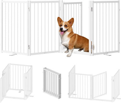 SNUOWU Full Metal Freestanding Dog Gate with Door, 32''Height Foldable Pet Dog Fence for Indoor & Outdoor, 4 Panels Extra Wide Free Standing TallDog Gates for Doorways,House,Stairs,Porch,Deck,Yard