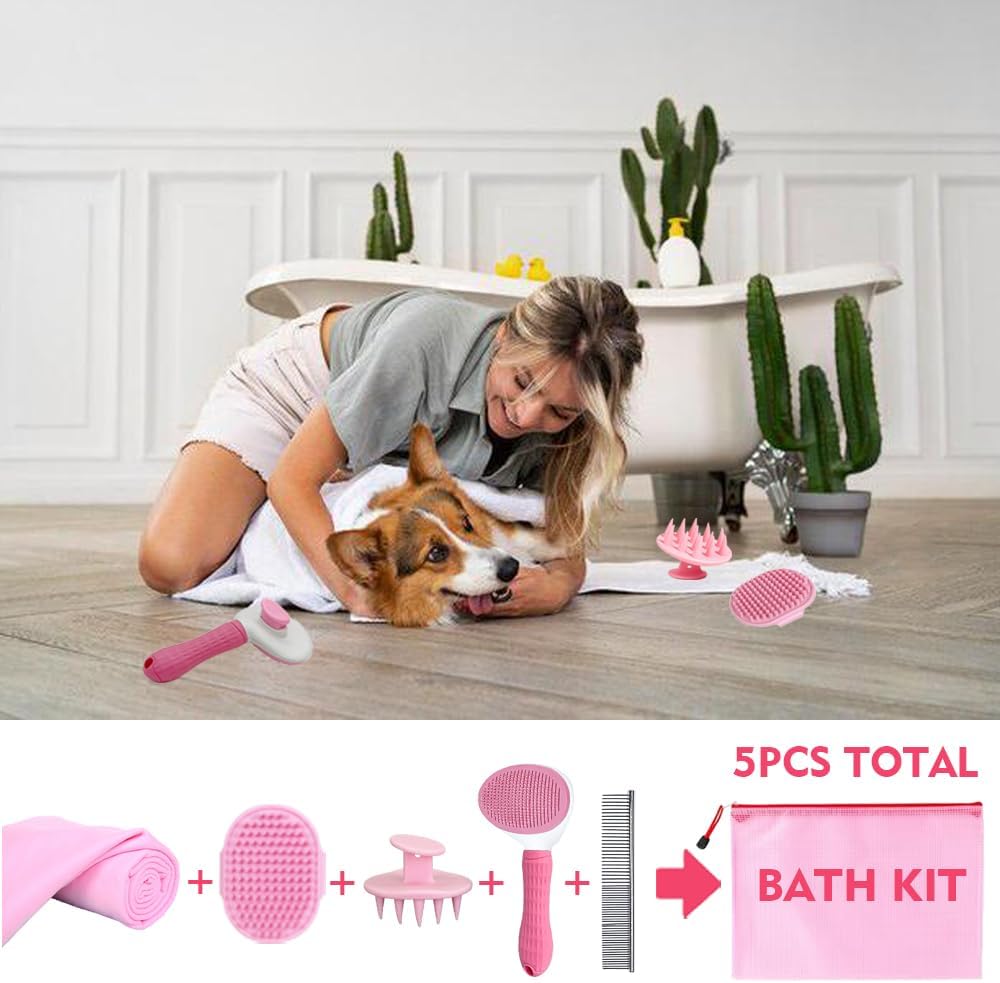 Dog Brush Grooming Kit 5PCS - Dog Brush for Shedding,Puppy Brush and Flea Comb for Dogs, Slicker Brush Comb and Dog Hair Brush Set Blue, Grooming at Home or Travel