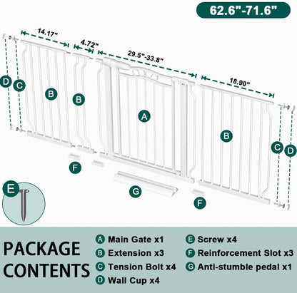 Fairy Baby 62.5"-71.6" Extra Wide Baby Gate Pressure Mount, Long Large Dog Gate Indoor Doorways Stairs, No Drill Safety Child Gate for Kids with Double Lock, Walk Thru Pet Gate for Puppy Doggy, Black