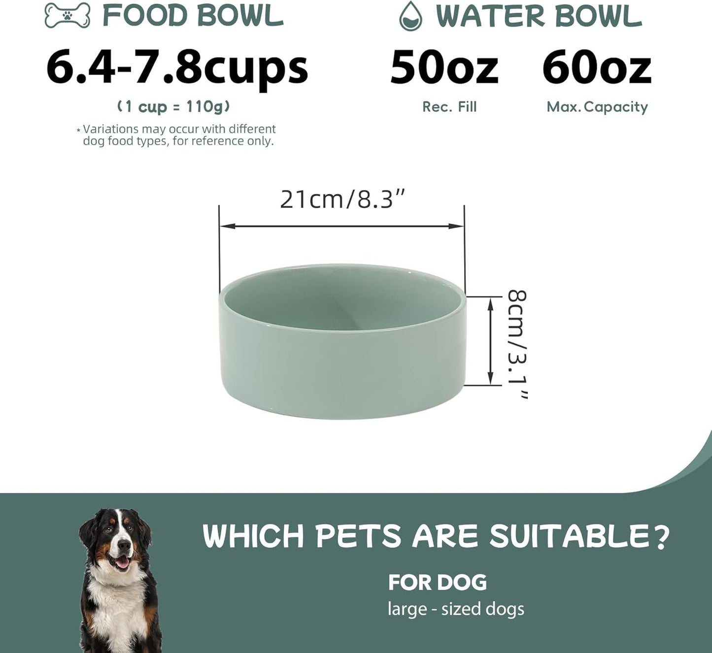 Havniva 8.3inch Ceramic Raised Dog Bowl with Stand, Elevated Dog Bowls for Large Breed Dog Food and Water Bowl Non-Slip Dog Dish Large Capacity Feeding Pet Water Bowl
