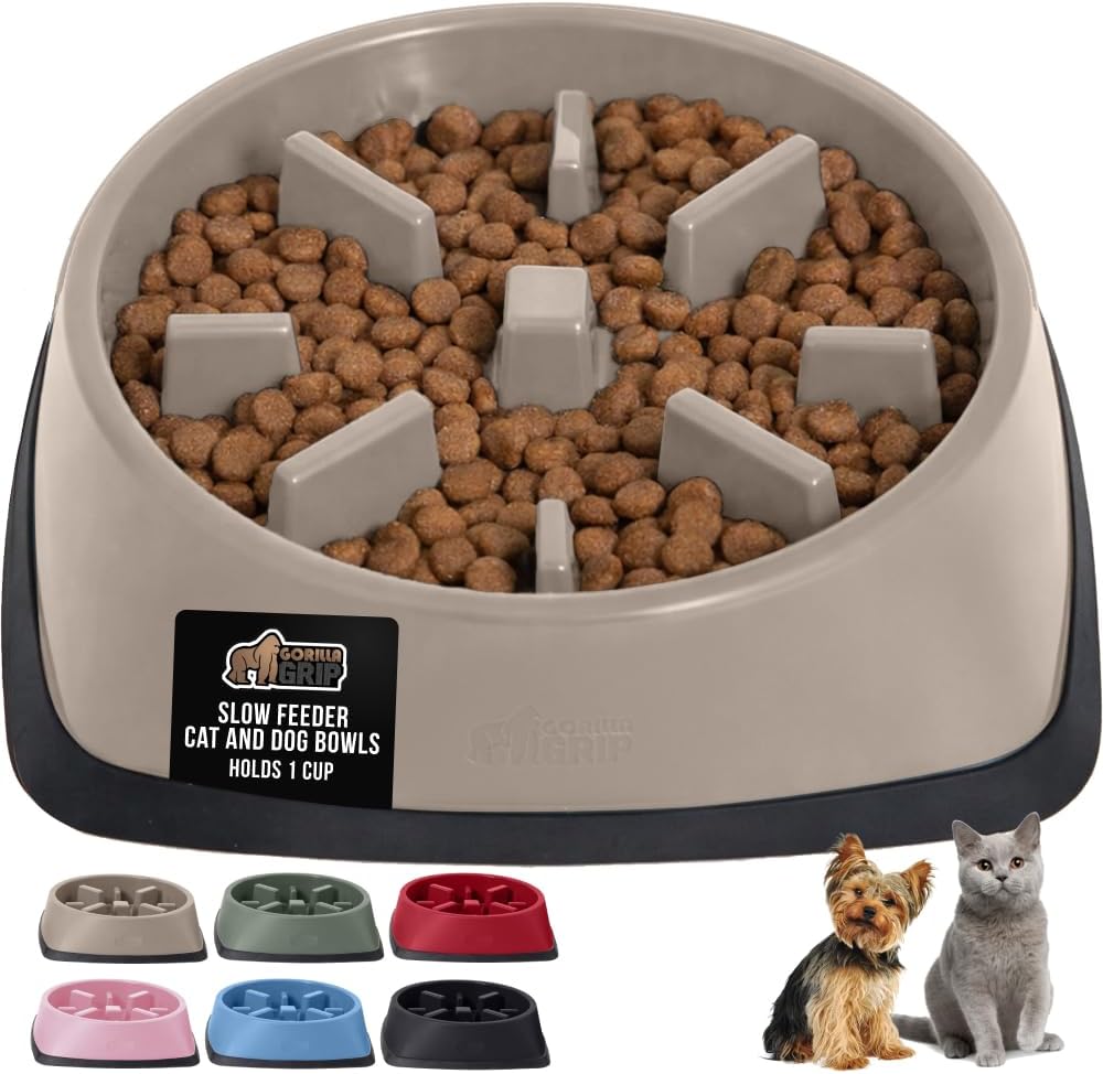 GORILLA GRIP® Patented BPA Free Slow Feeder Dog Bowls, Interactive Puzzle Toy for Dogs and Cats Food Training Enrichment, Keeps Pets Busy and Prevents Puppy Overeating, Small Breeds, 1 Cup, Gray
