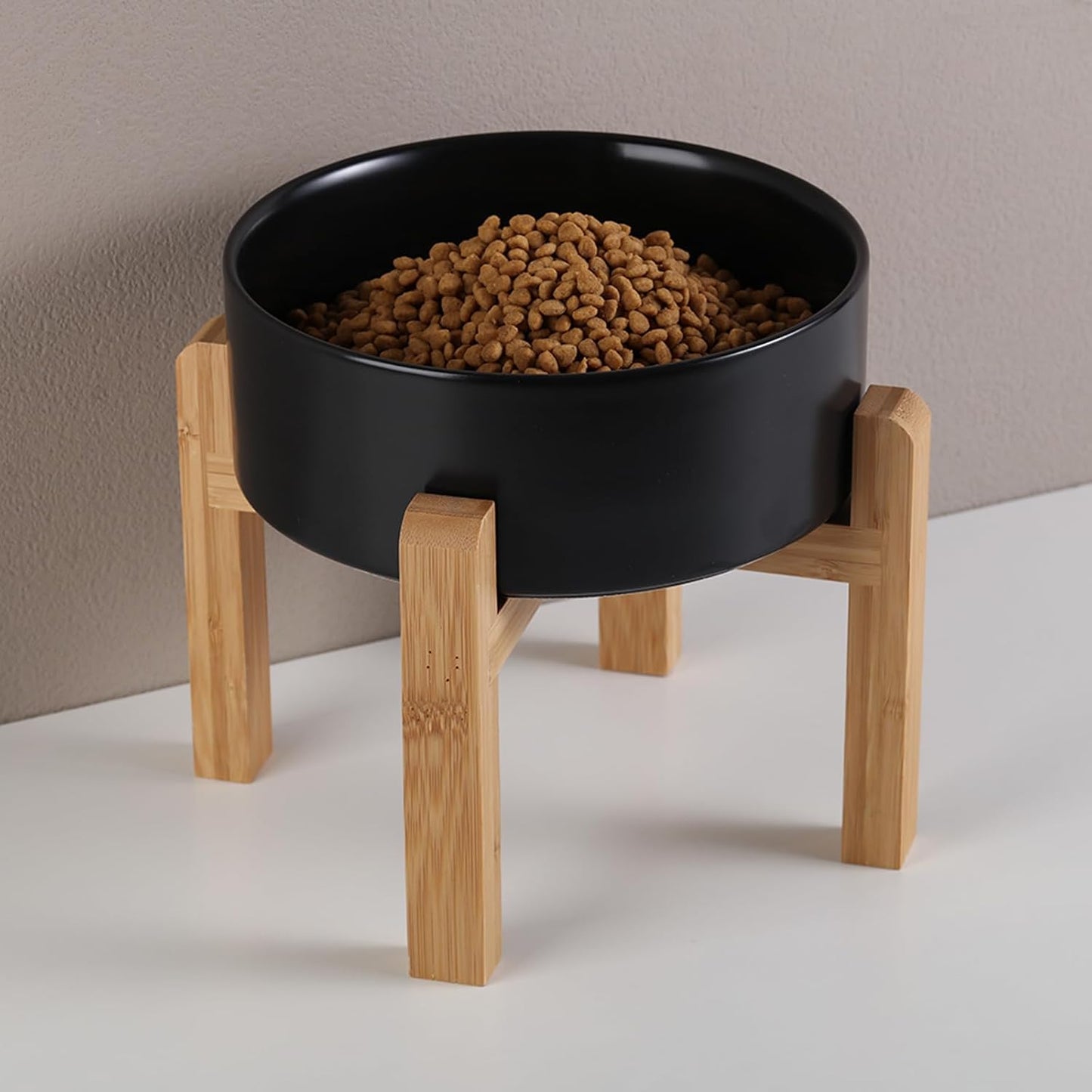 Black Elevated/Raised Dog Bowl Ceramic with Wood Stand for Medium Large Breed,Dog Food Water Dish Heavy Weighted,8 in Non Slip Modern Cute Porcelain Pet Bowl Extra Large