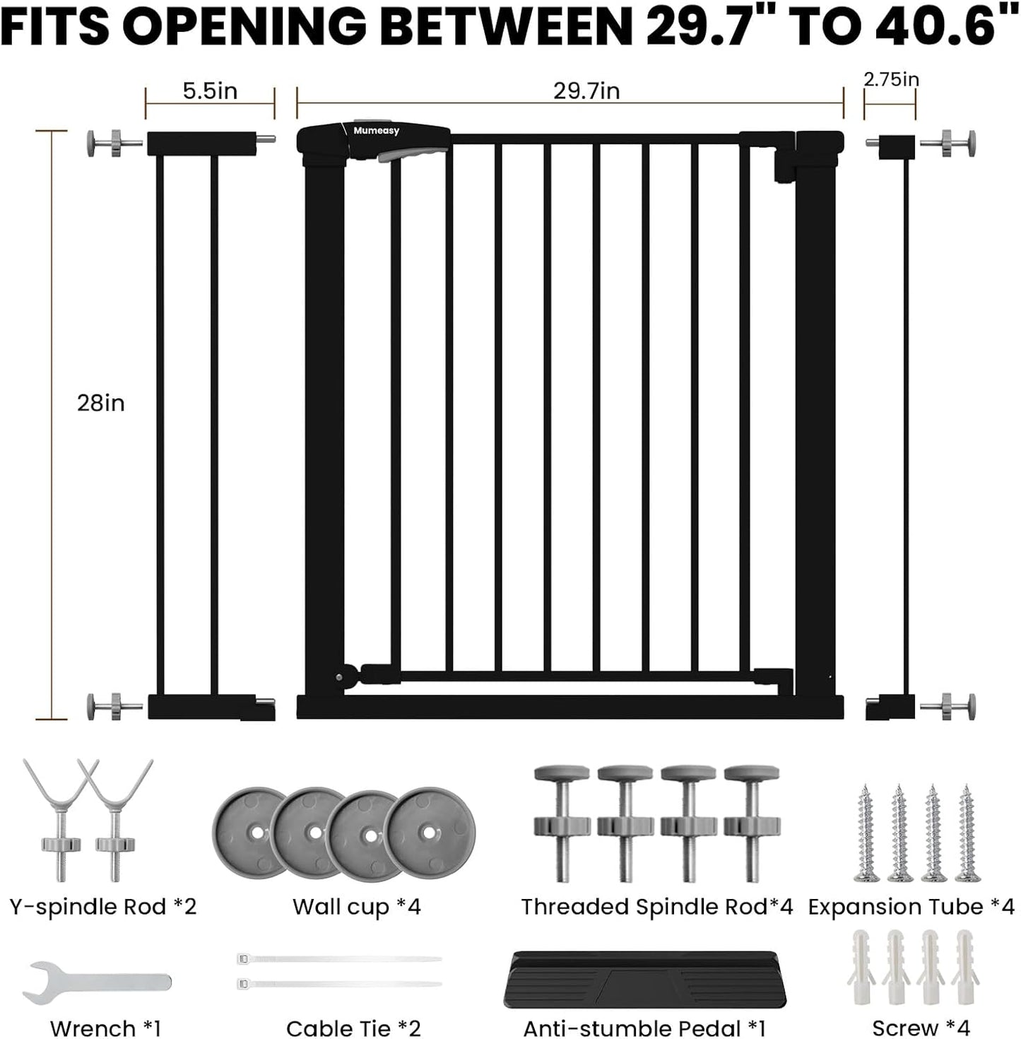 Baby Gate for Stairs, 29.7-40.6" Auto Close Dog Gate Indoor for Doorways, Dual-Lock Design, Adjustable Pet Gate No Drilling with Walk Thru Door for Hallways, Stroller Friendly, Black