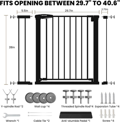 Baby Gate for Stairs, 29.7-40.6" Auto Close Dog Gate Indoor for Doorways, Dual-Lock Design, Adjustable Pet Gate No Drilling with Walk Thru Door for Hallways, Stroller Friendly, Black