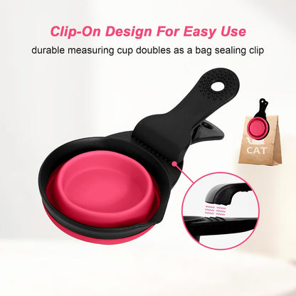 Collapsible Dog Food Scoop Foldable Pet Food Bag Clip 3 in 1 Multi-function Silicone Cat Food Measuring Cup Scoop Dog Food Scooper Pet Food Storage Clip (Green, 1 Cup Capacity(1 Pack))