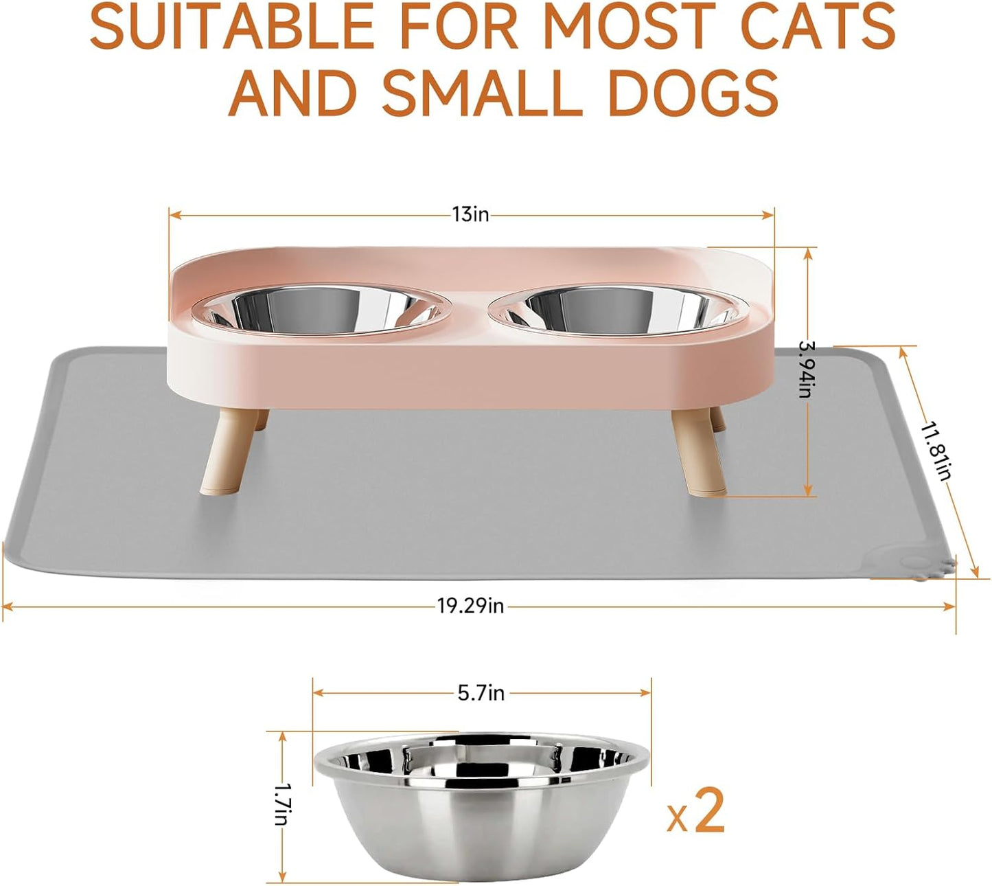 Elevated Cat Bowl, Raised Cat Food and Water Bowl Set for Indoor Cats, Splash Proof with 2 Stainless Steel Pet Food Bowls for Cats and Puppies, Whisker Fatigue and Dishwasher Safe - White
