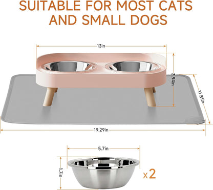 Elevated Cat Bowl, Raised Cat Food and Water Bowl Set for Indoor Cats, Splash Proof with 2 Stainless Steel Pet Food Bowls for Cats and Puppies, Whisker Fatigue and Dishwasher Safe - White