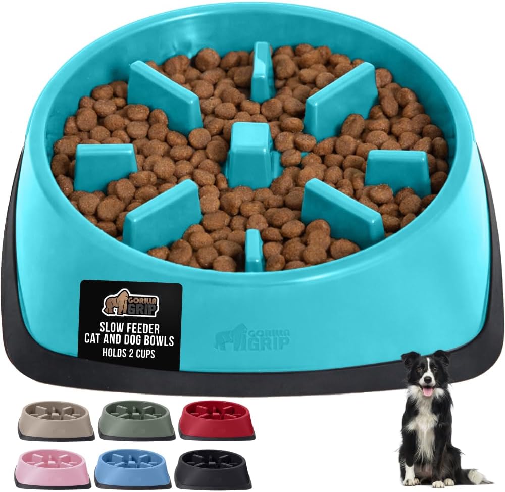 GORILLA GRIP® Patented BPA Free Slow Feeder Dog Bowls, Interactive Puzzle Toy for Dogs and Cats Food Training Enrichment, Keeps Pets Busy and Prevents Puppy Overeating, Small Breeds, 1 Cup, Gray