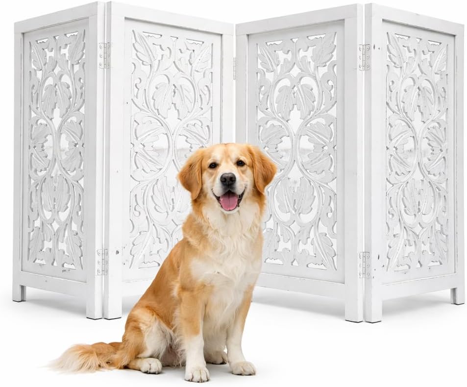 Freestanding Pet Gate for Dogs, Foldable Wooden Dog Gate for House, Indoor Dog Gate for Stair, Doorway, House Design Gates for Dogs Indoor, 72 Inch Wide, (18" x4 Panels 72 inch), Burnt Finish