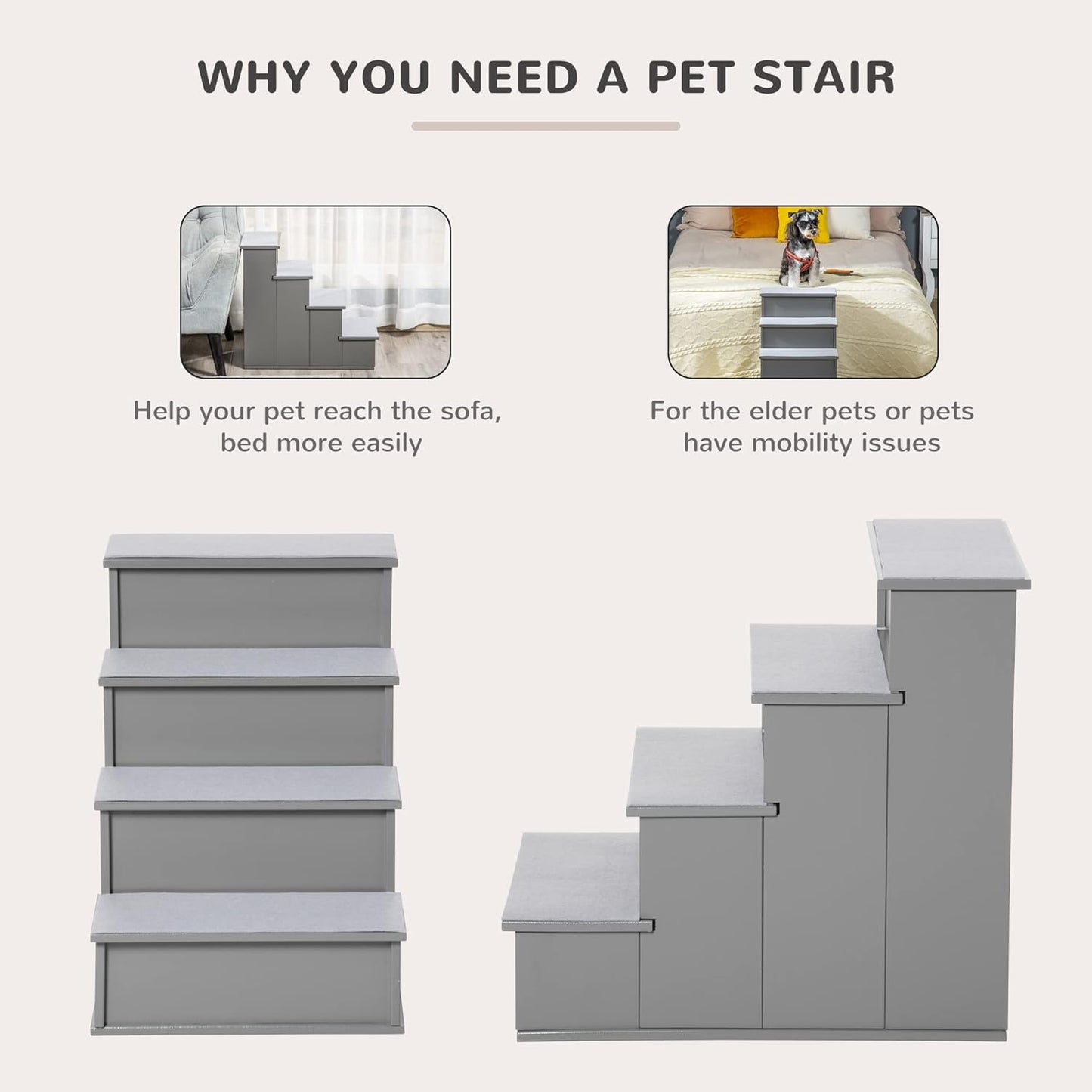 PawHut Pet Stairs, Small Pet Steps with Cushioned Removable Covering for Dogs and Cats Up to 22 Lbs., Natural