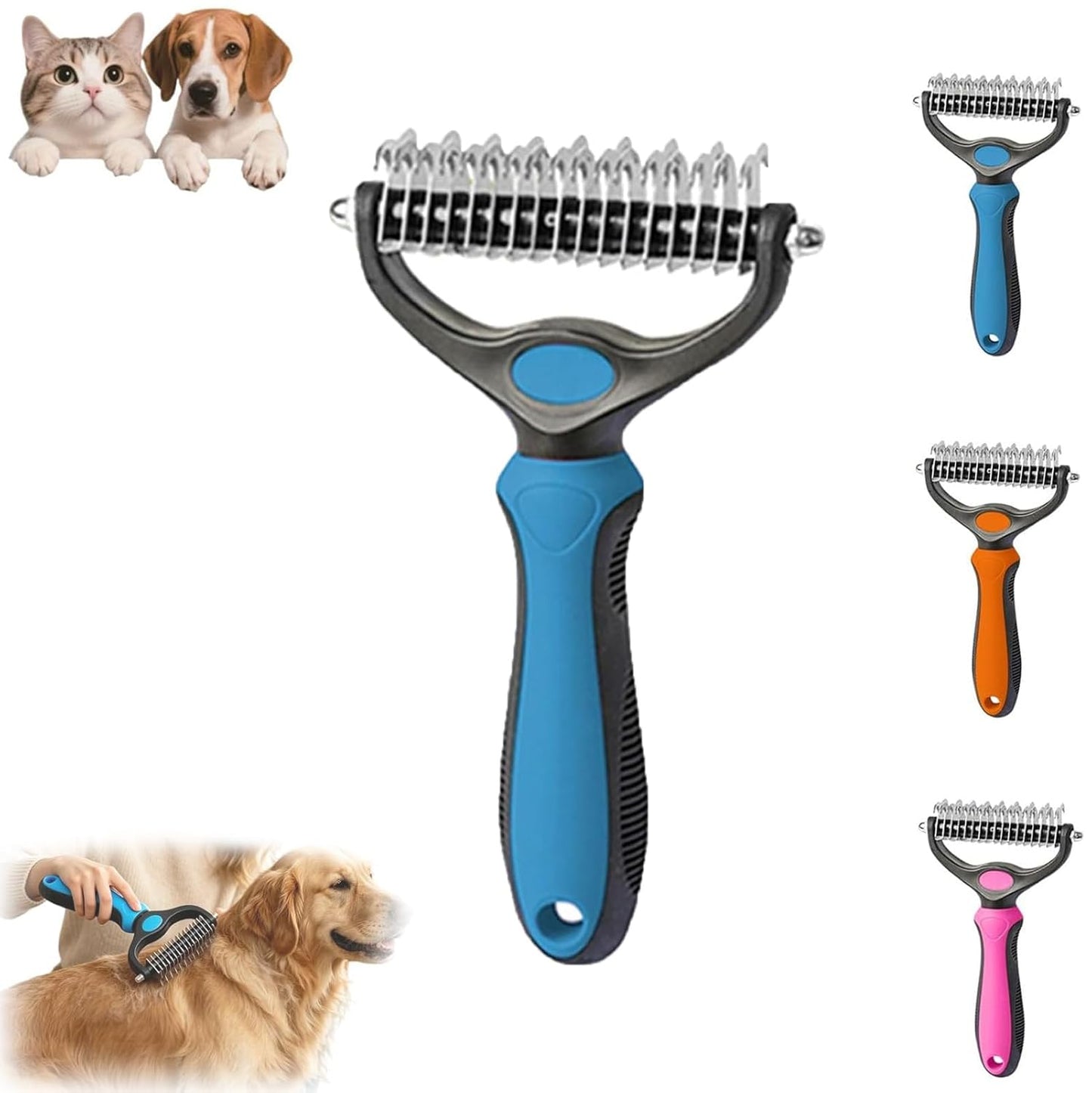 Pet Pro Grooming Tool, 2-in-1 Deshedding Dog Brush with 9/17 Teeth Undercoat Rake for Dogs & Cats, Dual-Sided Stainless Steel Pet Comb for Long Hair & Thick Coats, Non-Slip Ergonomic Handle (Pink-L)