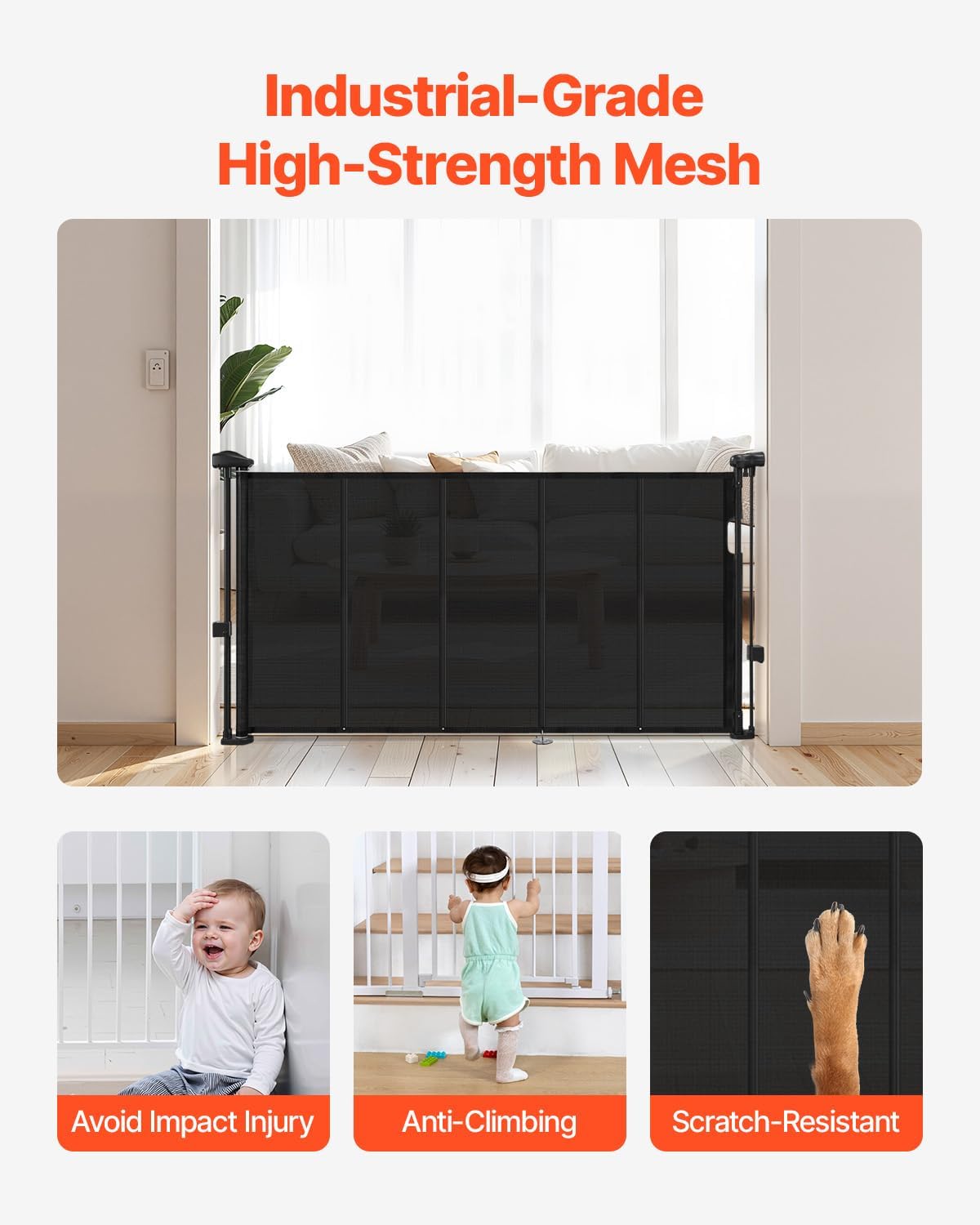 VEVOR Retractable Baby Gate, 34 inch Tall, Extends up to 110 inch Wide, Retractable Gate for Kids or Pets, Mesh Material, Easy to Install for Indoor Stairs, Doorways, Hallways, Playrooms, Gray