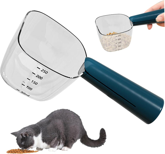Dog Food Measuring Cup with Scale, Accurate Pet Food Scoop with Dog Bag Clips, Multi-Functional ABS Cat Spoon for Indoor, Travel Outdoor, Blue, Storage
