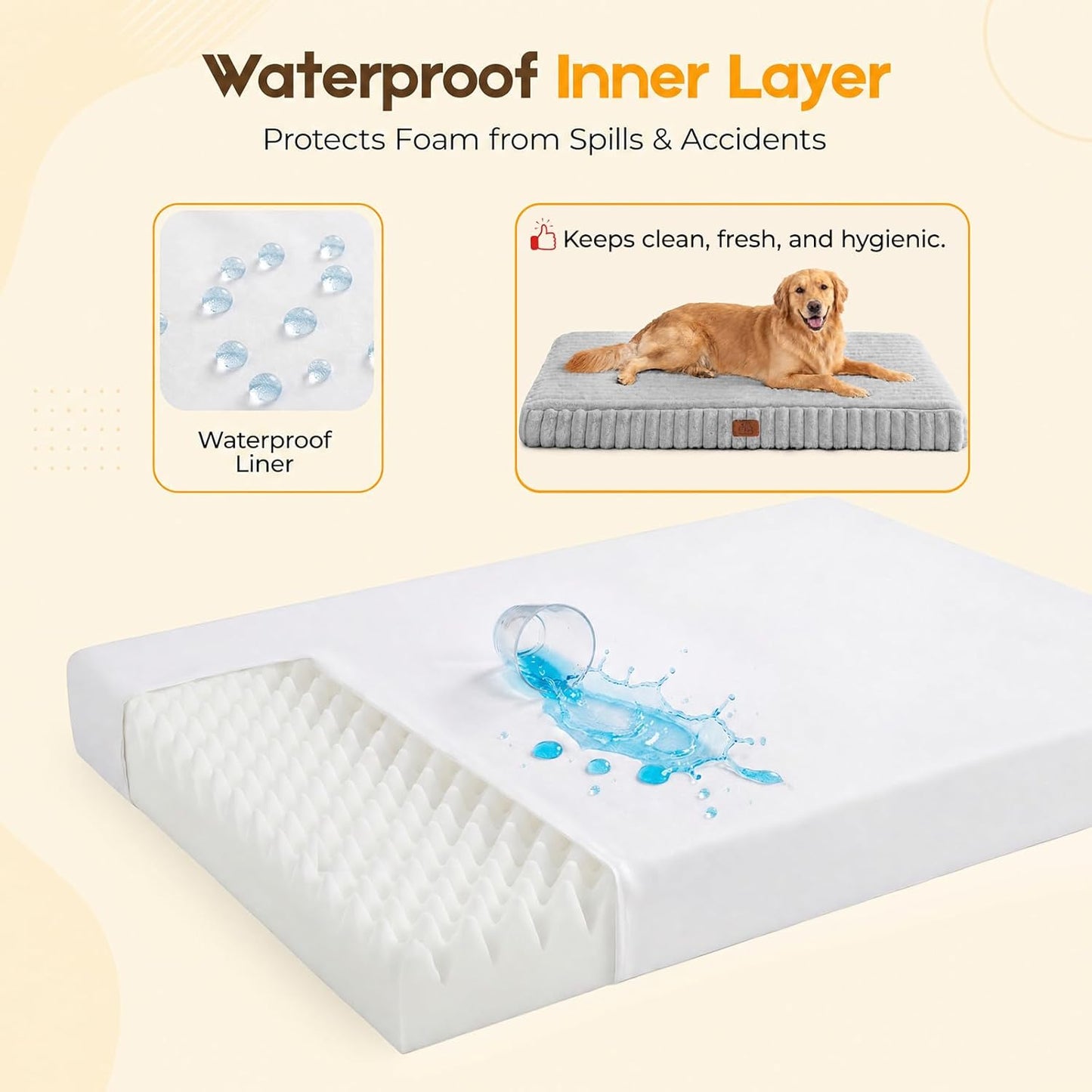 Orthopedic Dog Bed for Large Dog, Waterproof Pet Bed,Non-Slip Bottom and Egg-Crate Foam with Removable Washable Cover Crate Bed,Cream,36"x27"x3"