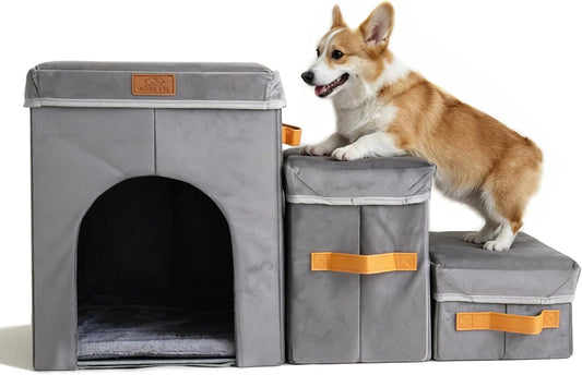 17" H Dog Stairs for High Beds, Multifunctional Pet Ramp with Storage & Condo for Small Medium Large Older Dog, 3-Step Foldable Cat Stairs for Climbing Car Sofa,Supports up to 120 Lbs