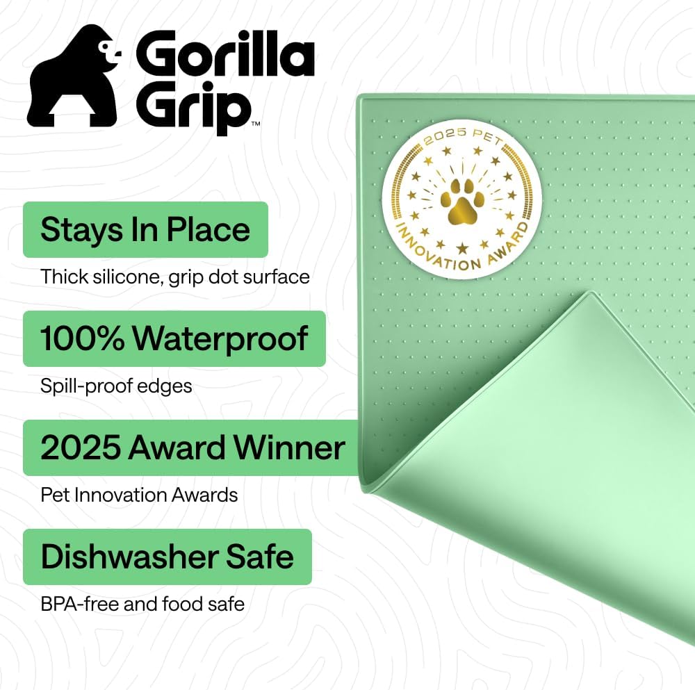 GORILLA GRIP 100% Waterproof Raised Edge BPA Free Silicone Pet Feeding Mat, Dog Cat Food Mats Contain Spills Protects Floors, Placemats for Cats and Dogs Water Bowl, 18.5x11.5, Gray