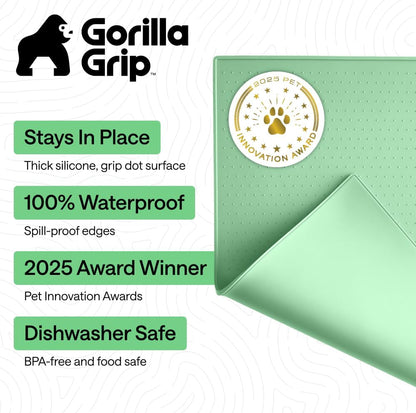 GORILLA GRIP 100% Waterproof Raised Edge BPA Free Silicone Pet Feeding Mat, Dog Cat Food Mats Contain Spills Protects Floors, Placemats for Cats and Dogs Water Bowl, 18.5x11.5, Gray