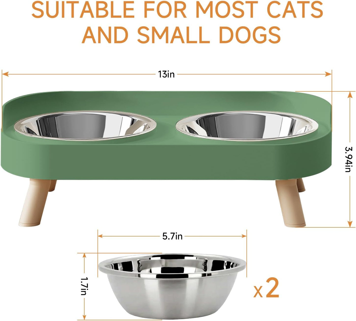 Elevated Cat Bowl, Raised Cat Food and Water Bowl Set for Indoor Cats, Splash Proof with 2 Stainless Steel Pet Food Bowls for Cats and Puppies, Whisker Fatigue and Dishwasher Safe - White