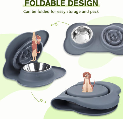 Pecute Slow Feeder Dog Bowls to Slow Down Eating, Dog Bowl Slow Feeder with No-Spill Non-Skid Silicone Mat, Food-Grade Safe Dog Food Bowls Slow Feeder, Stainless Steel Dog Water Bowl for Dogs Cats