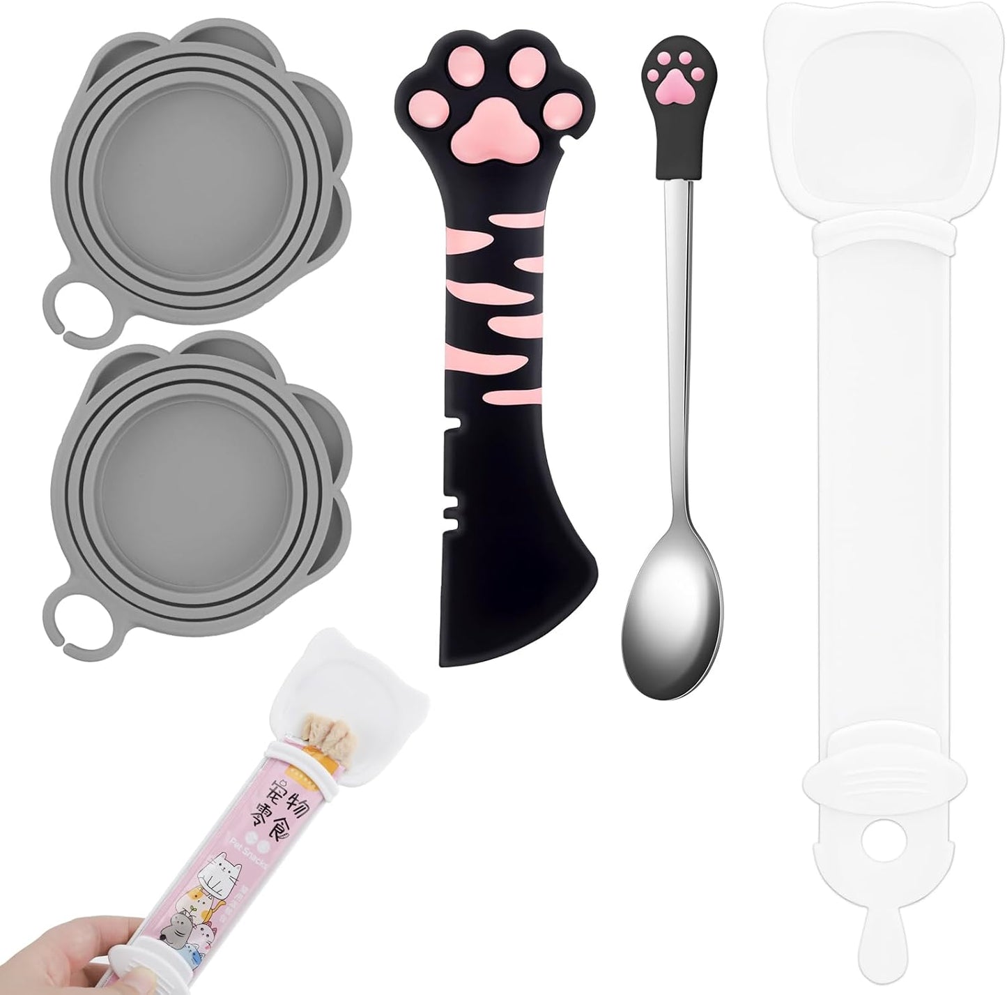 5 PCS Cat Food Can Covers Lids Set, Silicone Pet Food Can Lids with Multi-Function Cat Food Spoon and Opener, Cat Bar Squeezer, Stainless Steel Wet Food Spoon for Cats and Dogs (Pink) (Pink)