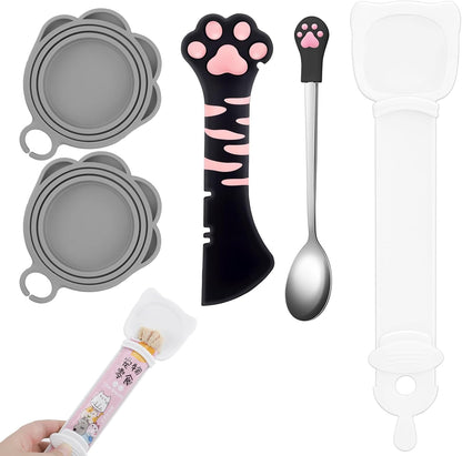 5 PCS Cat Food Can Covers Lids Set, Silicone Pet Food Can Lids with Multi-Function Cat Food Spoon and Opener, Cat Bar Squeezer, Stainless Steel Wet Food Spoon for Cats and Dogs (Pink) (Pink)
