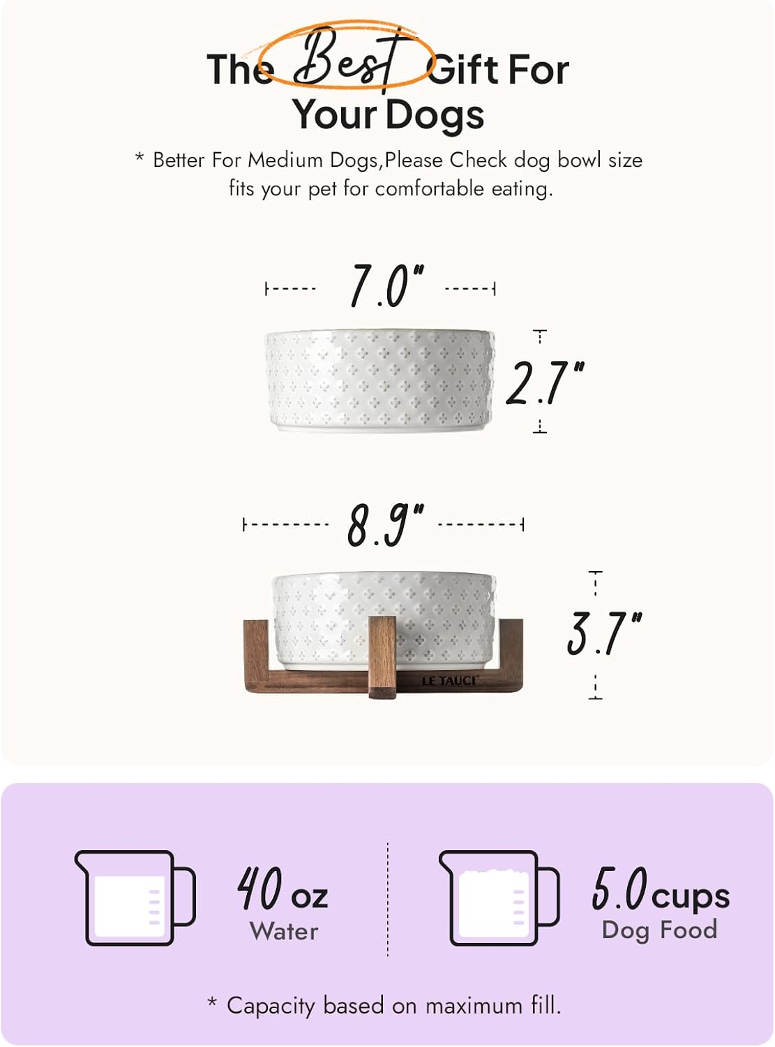 LE TAUCI Dog Bowl Set with Acacia Wood Stand - 1.5-Cup Ceramic Puppy Bowls for Small Dogs, Dual Food and Water Bowls with Weighted Non-Slip Base