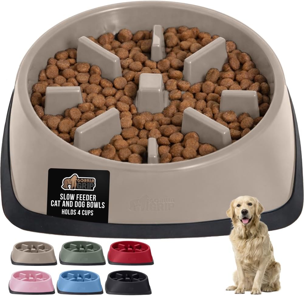 GORILLA GRIP® Patented BPA Free Slow Feeder Dog Bowls, Interactive Puzzle Toy for Dogs and Cats Food Training Enrichment, Keeps Pets Busy and Prevents Puppy Overeating, Small Breeds, 1 Cup, Gray