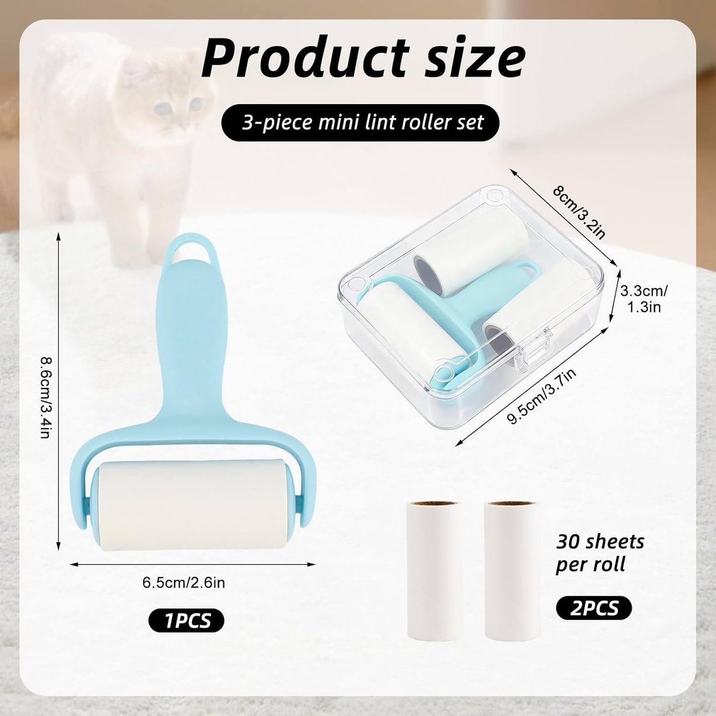 Blue Mini Lint Roller Travel Size,Reusable Lint Brush,Dog Cat Hair Remover with Ergonomic Handle and 3 Refills (90 Sheets)