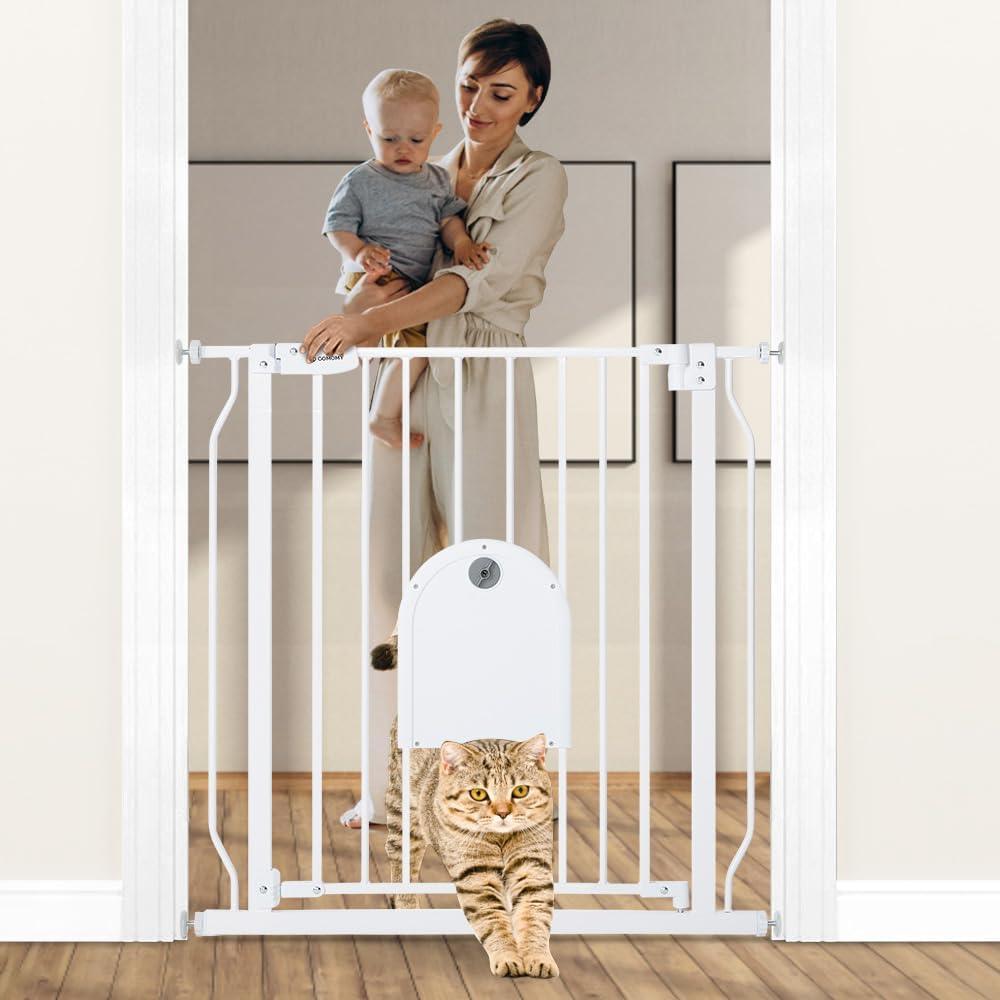 COMOMY 29.5-48.4" Baby Gate with Adjustable Cat Door,Extra Wide Metal Cat Gate for Stairs Doorways, Auto Close Dog Gate with Pet Door for House, Pressure Mounted Easy Walk Through (30" Tall, Black)