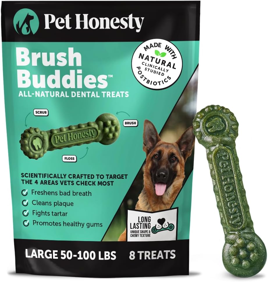 Pet Honesty Brush Buddies All Natural Dog Dental Treats for Dogs – Long Lasting Dental Sticks for Dogs, Teeth Cleaner, Breath Freshener, Plaque & Tartar Remover – Medium Sized Dogs (15 Count)