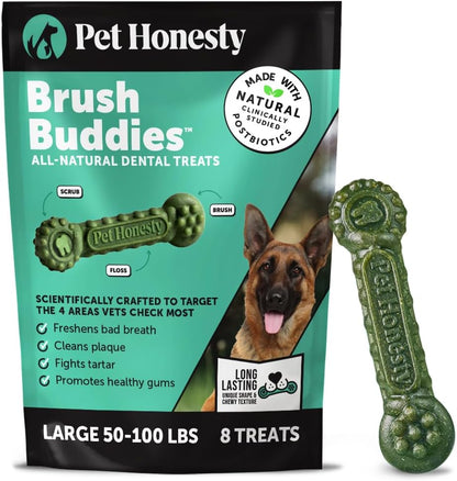 Pet Honesty Brush Buddies All Natural Dog Dental Treats for Dogs – Long Lasting Dental Sticks for Dogs, Teeth Cleaner, Breath Freshener, Plaque & Tartar Remover – Medium Sized Dogs (15 Count)