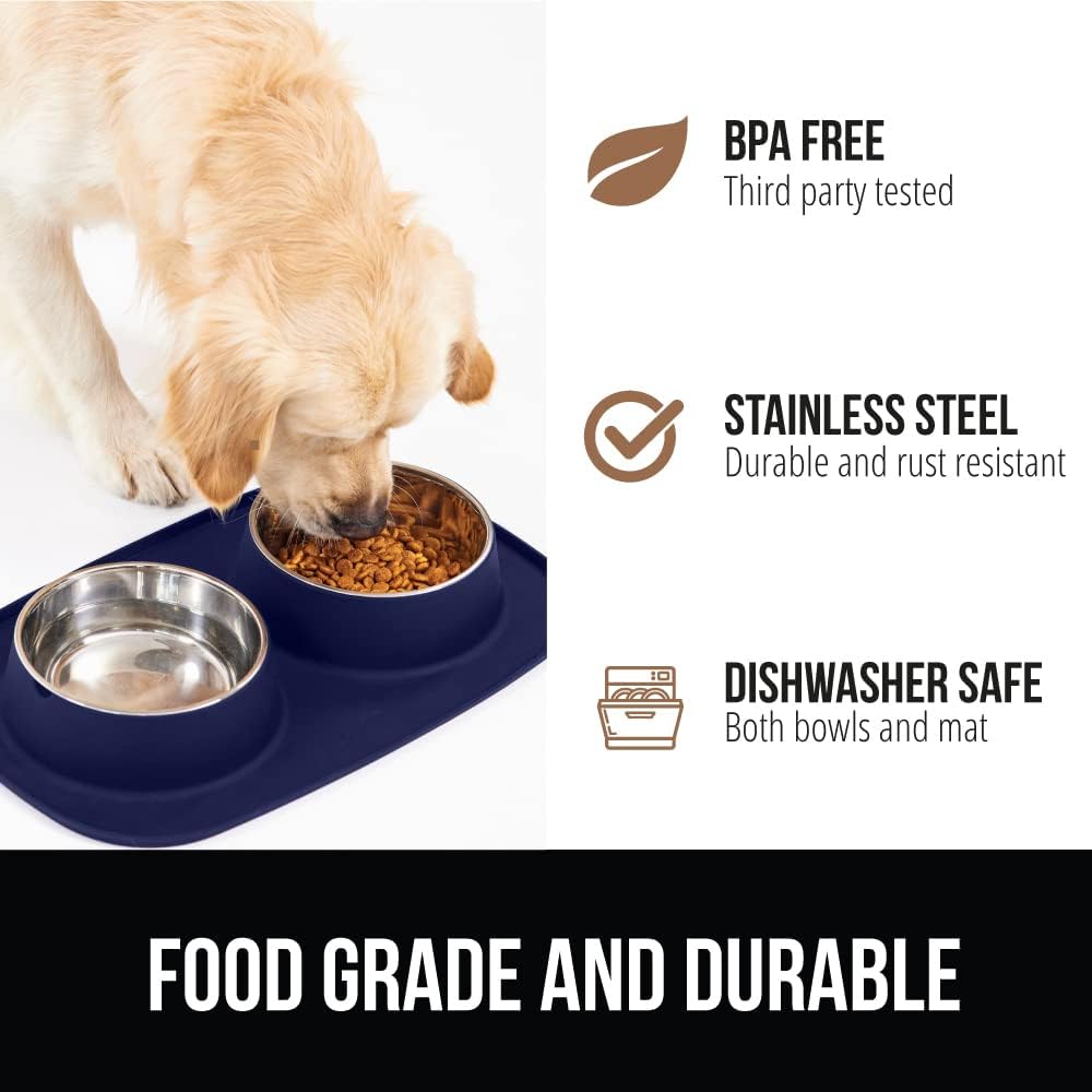 GORILLA GRIP Feeding Mat Set, Patent Pending 100% Waterproof BPA Free Silicone, Stainless Steel Cat and Dog Bowls, Slip Resistant, 1 Black mat/tray with 2 stainless steel bowls