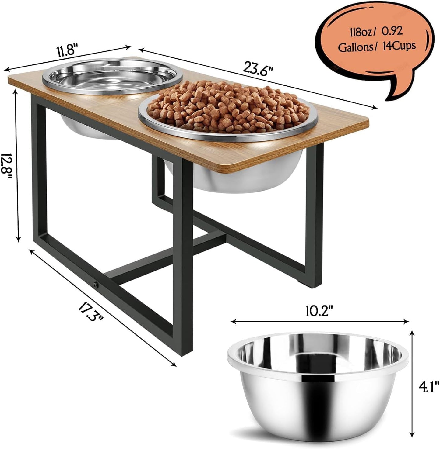 Spacnom Elevated Dog Bowls for Large Dogs, Raised Dog Bowl Stand with Two X-Large Stainless Steel Bowls for Dogs, 3.5L Capacity, Rustic Walnut