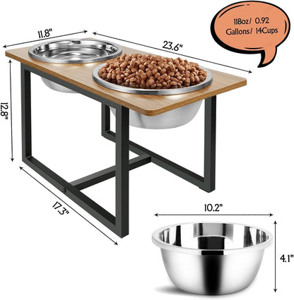 Spacnom Elevated Dog Bowls for Large Dogs, Raised Dog Bowl Stand with Two X-Large Stainless Steel Bowls for Dogs, 3.5L Capacity, Rustic Walnut