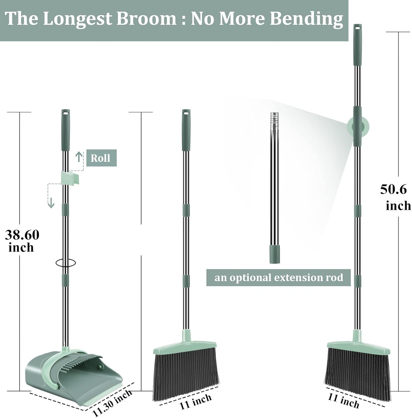 Ivandar Broom with Dustpan Combo Set, 50.6 inch Long Handle, Upright Standing Broom and Dustpan Set Quiet Cleaning Tool Sweep the Floor Dust pan Removes 4 Times More Pet Hair(Brown and Gray)