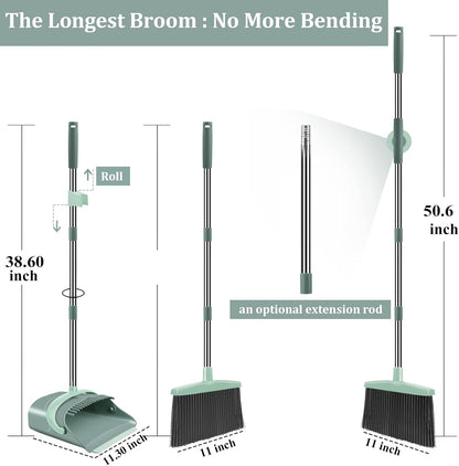 Ivandar Broom with Dustpan Combo Set, 50.6 inch Long Handle, Upright Standing Broom and Dustpan Set Quiet Cleaning Tool Sweep the Floor Dust pan Removes 4 Times More Pet Hair(Brown and Gray)