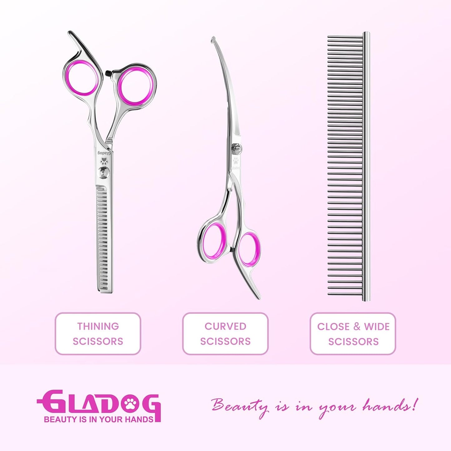GLADOG Professional 5 in 1 Dog Grooming Scissors Set with Safety Round Tips, Sharp and Heavy-duty Pet Grooming Shears for Cats